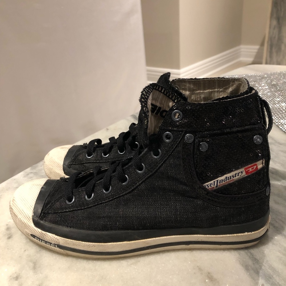 DIESEL High-Top Black Jean Sneakers With Sequins
